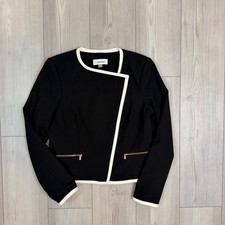 Calvin Klein Womens Black White Asymmetrical Zip Pocket Blazer Jacket Size 10