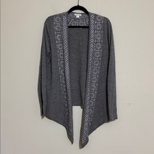Garnet Hill Charcoal gray lavender wool open Cardigan women M embroidered soft