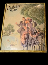 Vintage Silhouette Bubble Glass Picture 4" W x 5" L Courting Couple Benton Glass