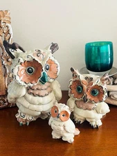 3 Kay Finch California Pottery Owl Family Trio Figurine Rare Read Hoot MCM Birds