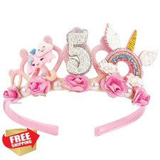 SuPoo 5th Birthday Headband Pink Flower Crown Tiara Girl