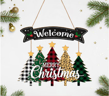 Merry Christmas Wreath Hanging Sign For Front Door, Wooden Welcome Sign With Chr
