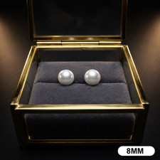 14K Solid Yellow Gold 8mm Crystal Pearl Stud Earrings Classic White Pearl Gift