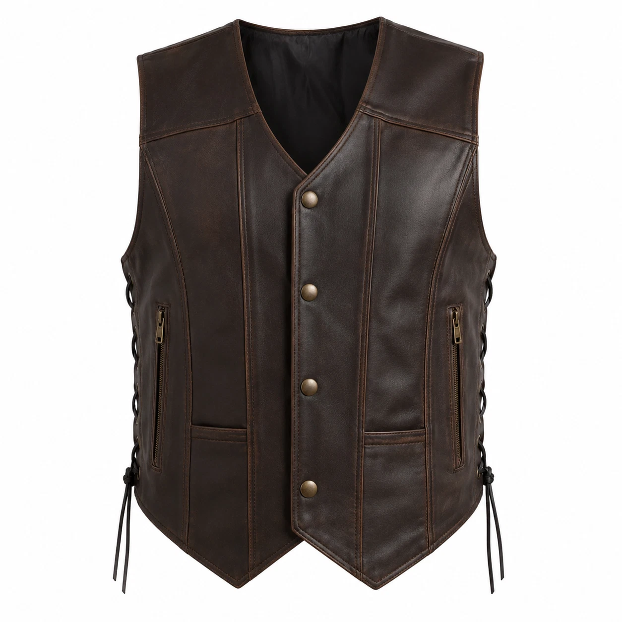 Men’s Distressed Brown Leather Biker Vest – Vintage Motorcycle Western Waistcoat