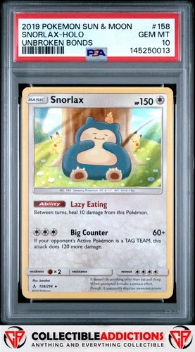 2019 Pokemon Sun & Moon Unbroken Bonds #158 Snorlax Holo Unbroken Bonds PSA 10