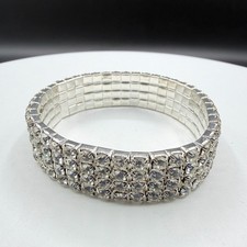 Bracelet Silver Tone Rhinestone Stretch 3 Row Crystal Statement Y2K Vintage