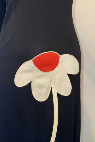 Vtg Sz S XS 60s 70s Maxi Dress Flower Power Appliqué Polyester Jersey Black MOD - Picture 3 of 7