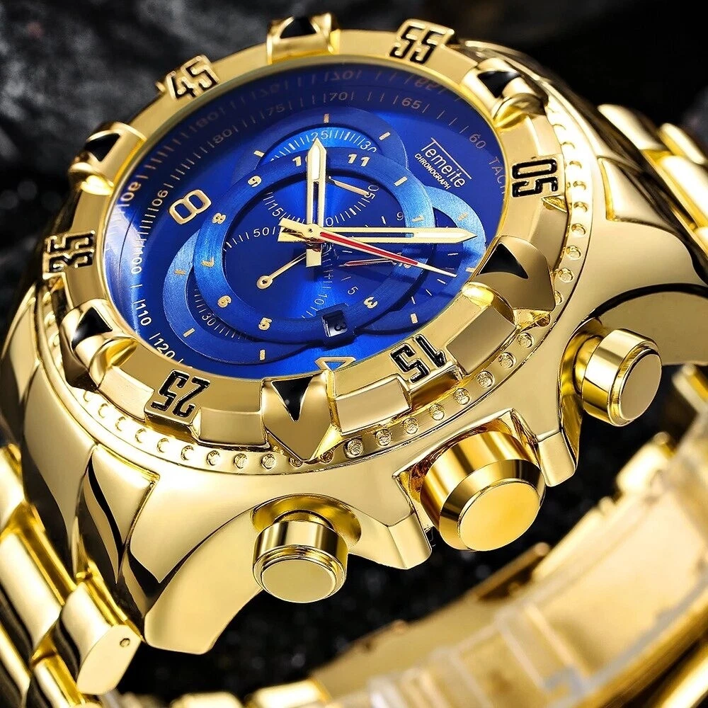 TEMEITE 2024 Mens Fashion Big Dial Quartz watch Luxury Gold Blue