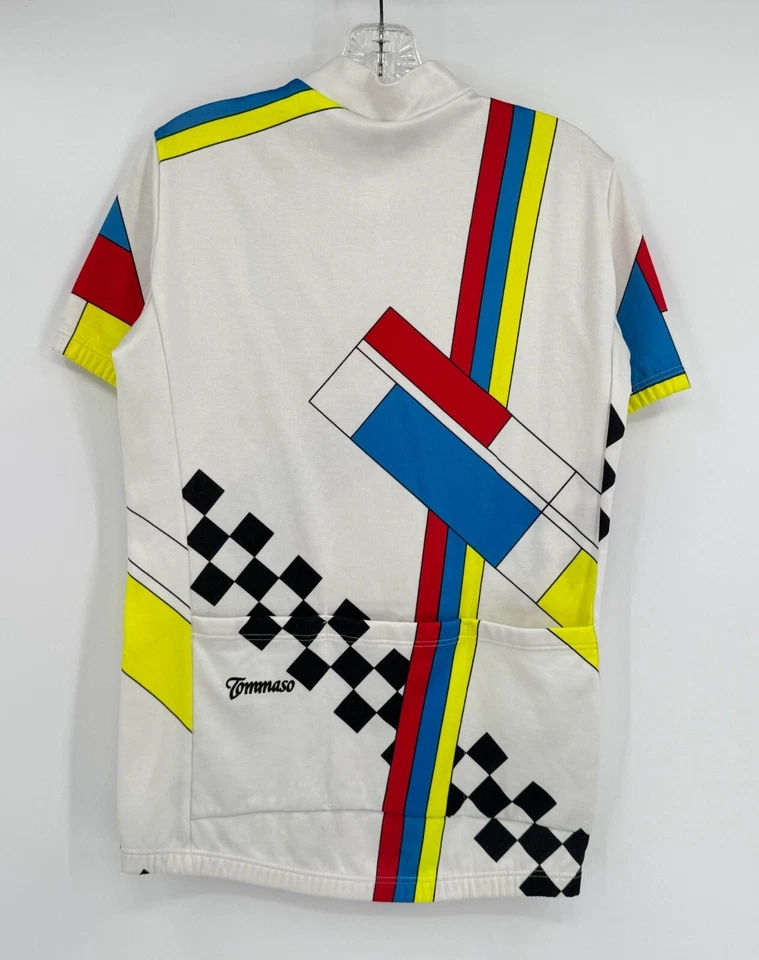 Tommaso Mens White Geometric Colorful 1/4 Zip Short Sleeve Cycling Shirt Sz 4 - Image 2 of 4