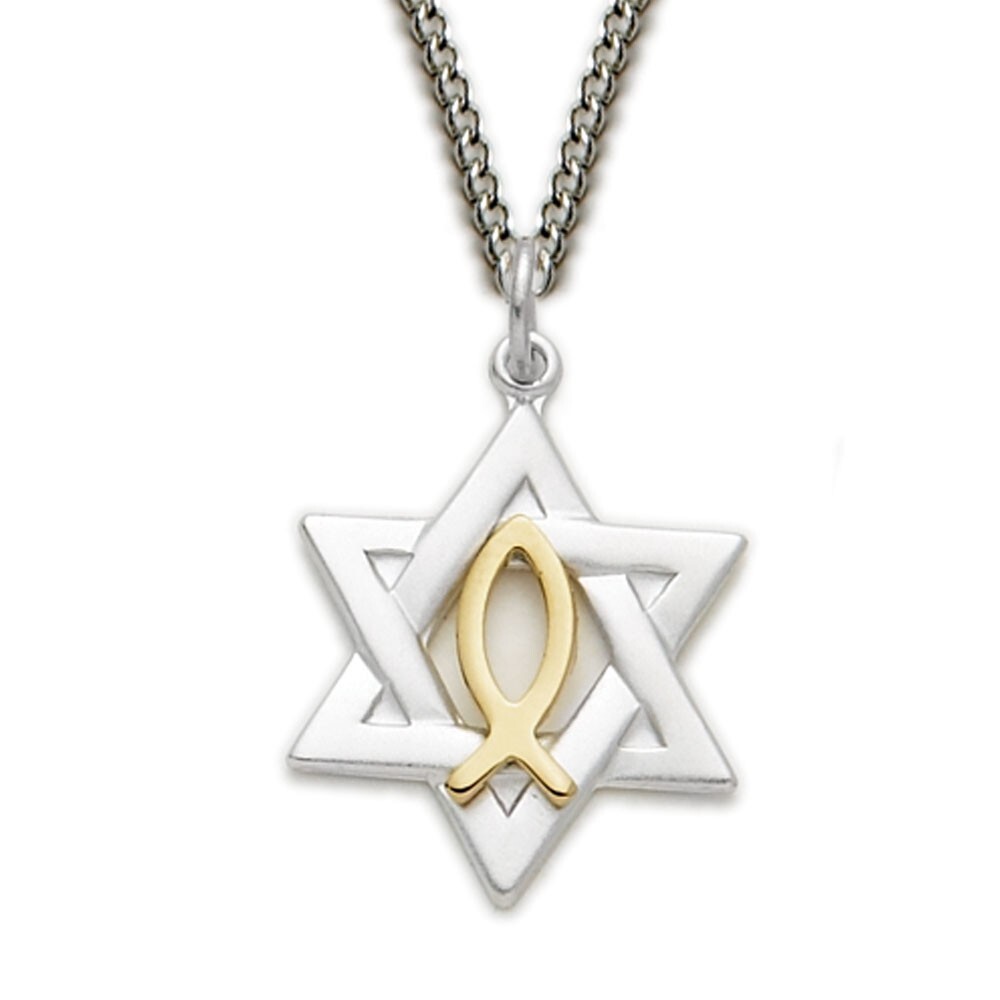 New Sterling Silver Star of David w/ Fish Jesus Symbol Pendant Necklace