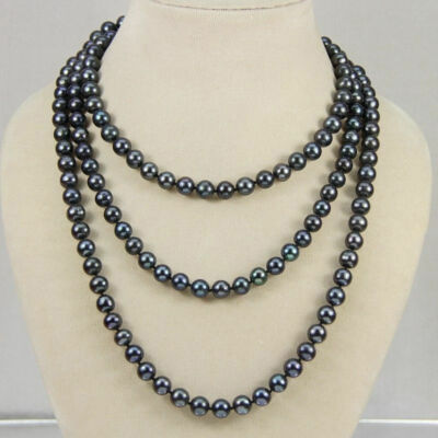 7-8mm Genuine Natural Peacock Black Akoya Freshwater Pearl Long Necklace 50''