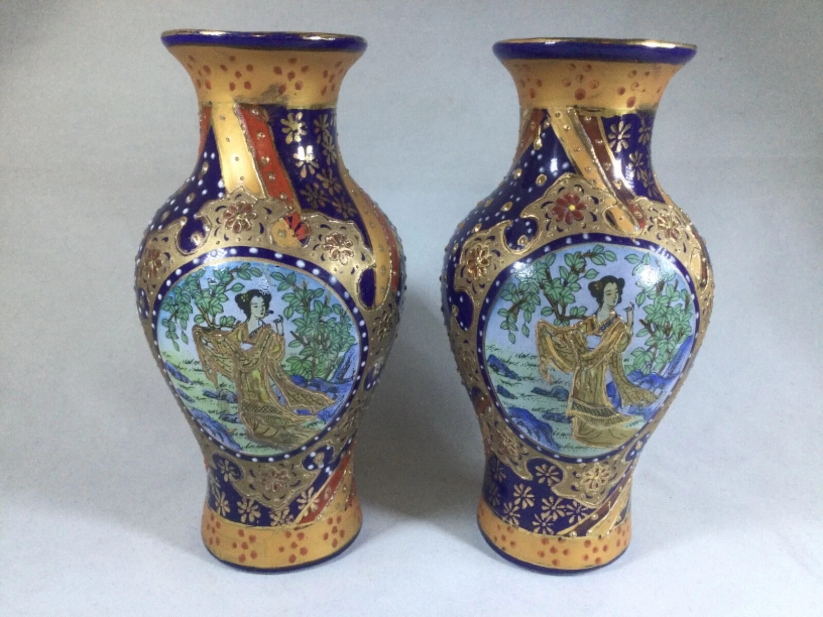 LIMOGES Vases x 2, Geisha Patterned. 5”/13cm High. Hand Painted, Raised & Beaded