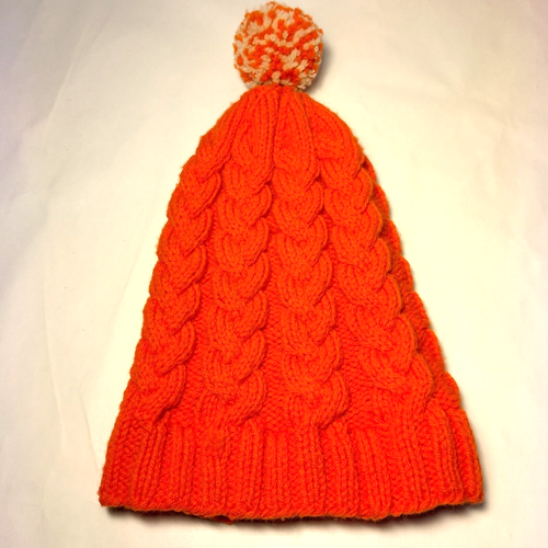 Vintage Handknit Beanie Boggin Cableknit Hat Orange Pom Pom Youth L Adult S - Picture 4 of 8
