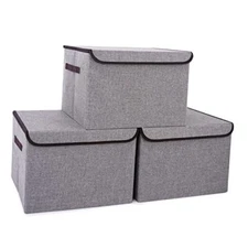 Large 17" 42 Quarts Collapsible Stackable Storage Bins with Large - 3 Pack Gray