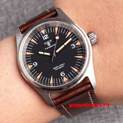 Tandorio 36mm Pilot 20bar Automatic Men Watch Sapphire Black Dial NH35A PT5000