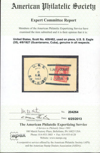 USA Scott# 409 or 482 USED on Piece, Gitmo/USS Eagle APS Cert (55616) - Picture 2 of 2