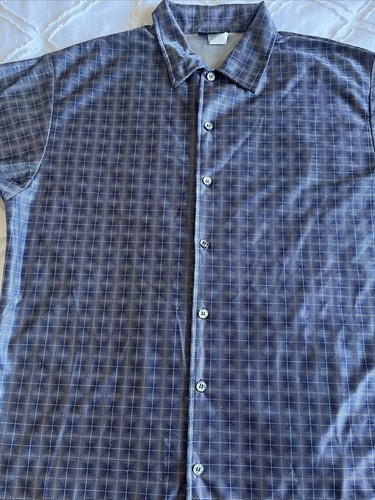 Vintage ODO Button Up Blue White Geometric Style Glossy Shirt Size Large Mens - Picture 2 of 5