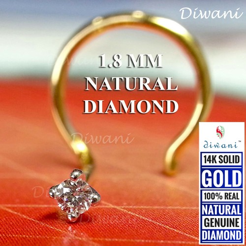 Diwani 1.8mm Natural Si Diamond Solitaire Nose Piercing Ring Stud Pin 14k Gold - Picture 4 of 12