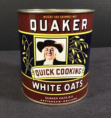 Vintage Quaker Quick Cooking White Oats Tin made in Rotterdam Holland