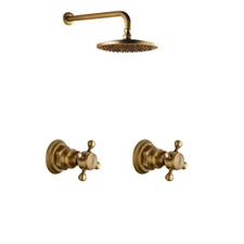 8" Antique Brass Shower Faucet Set Round Rainfall Heads Mixer Double Handles Tap