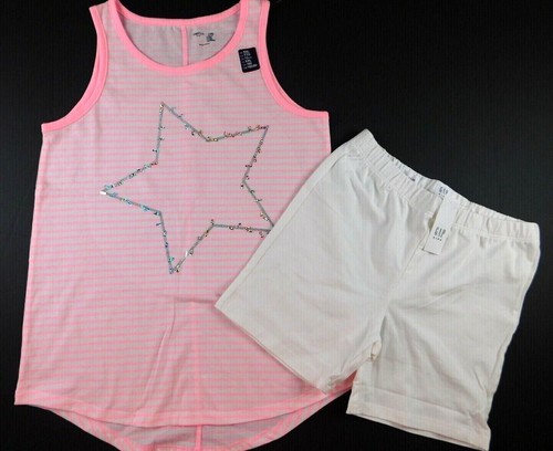 GAP Girl Tank Top Shorts Pink White SIZE XXL(13) Cotton Poly Stripe Star NEW - Picture 4 of 5