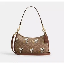 COACH x PEANUTS Teri Shoulder Bag Tan Brown Snoopy Print Signature Canvas CBJ88