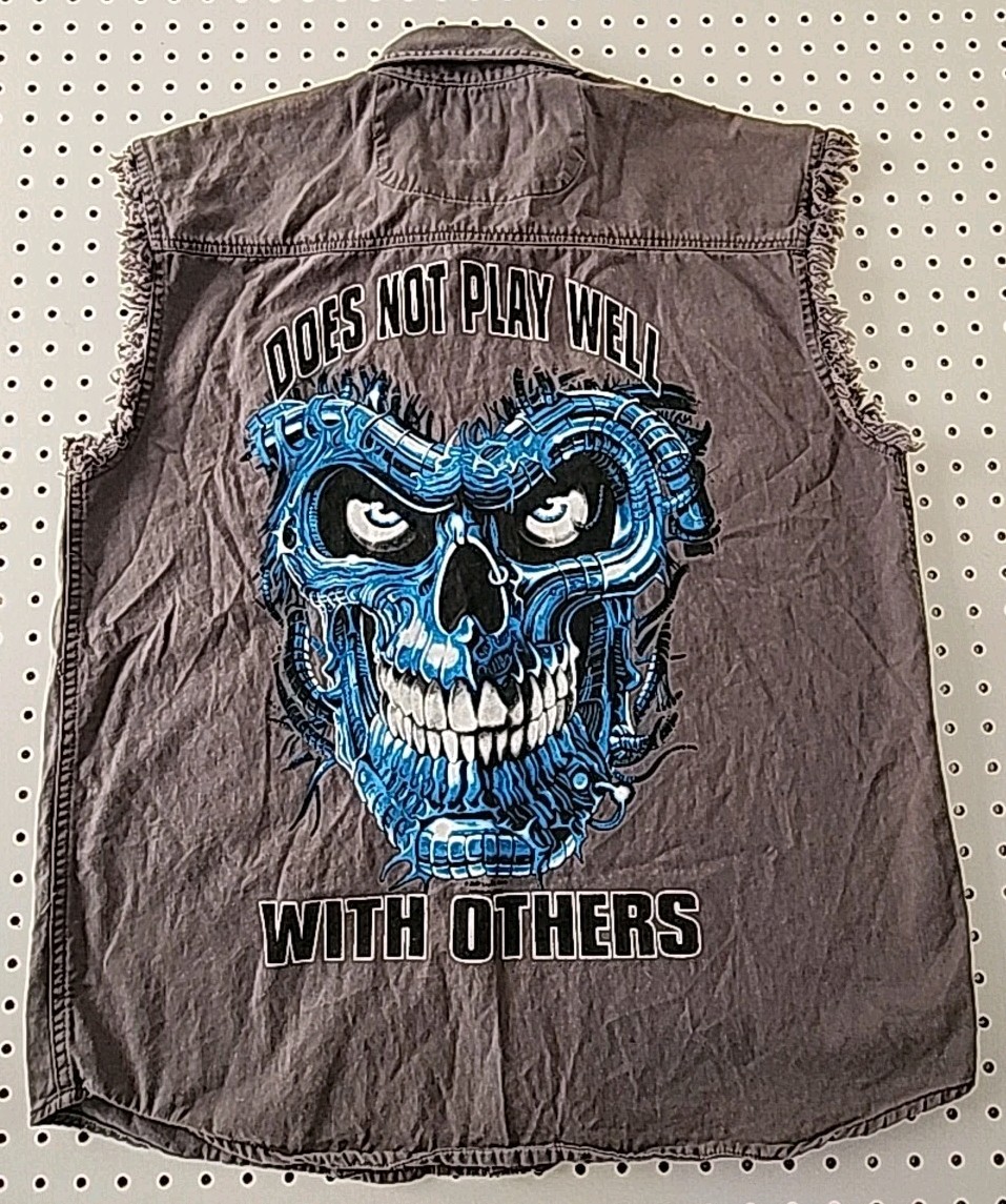 Liquid Blue Skull Biker Vest Shirt Twin V-Twin Does Not Play Well With Others