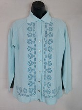 Vintage 60s Talbott Cardigan Sweater Turquoise BLUE Women's Size Medium Floral