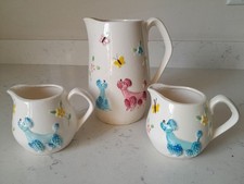 Rare Vintage MCM Enesco Poodle Dog Butterfly Pitcher & 2 Creamers 3 Pc Set Japan