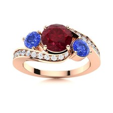 925 Silver Rose Plated 5MM Round Ruby  Swiss Blue Topaz Three Stone Women Ring