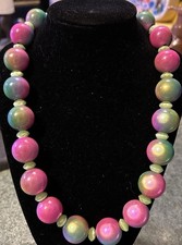 Handmade Plastic 3D Bead W/ Green Cats Eye Stones 20 In Long w/ an Irish toggle