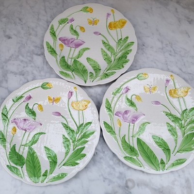 3- READ Gien Connoisseur Deauville France Dinner Plate Purple Poppies Crazed