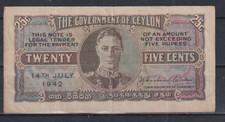 Ceylon 25 cents 1942    LOW SERIAL 344999 VF++ & 80