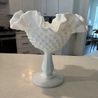 White Hobnail Fenton Milk Glass Compote with Ruffled Rim Pedestal Base
