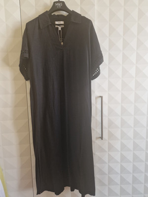M&S BLACK LINEN RICH SHIFT MIDAXI DRESS, LACE INSERTS. SIZE 14R. NWT