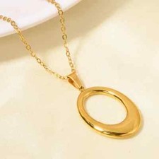 Women's 18K Gold Plated Stainless Steel Hollow Oval Pendant Necklace Jewelry