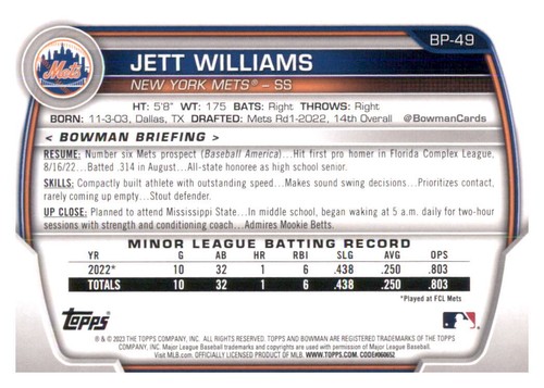 2023 Bowman Jett Williams Rookie RC Insert Set Break Prospect Mets #49 - Picture 2 of 2