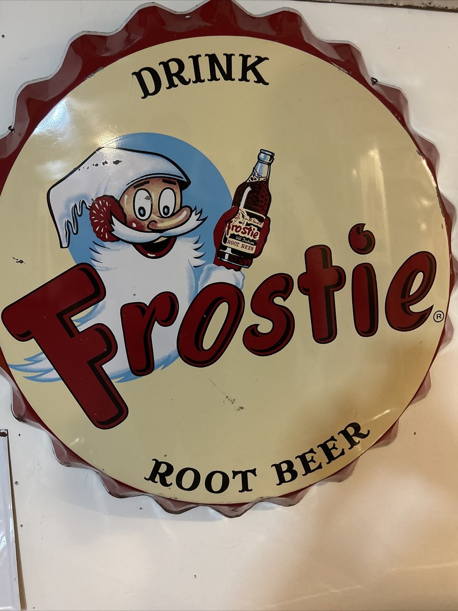 1960s Frostie Root Beer Bottle Cap Single-Sided Tin Sign by STOUT