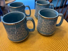 Set of 4 VTG United Way Blue Coffee Cup Mugs Marked USA Mid-Century Modern