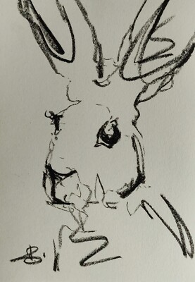 Hase Öl Pastell Zeichnung 12x8'' VIVEK MANDALIA Minimalismus original signiert