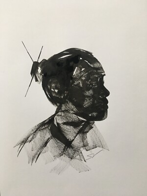 Original signiertes Tusche Mode Portrait Gemälde A3