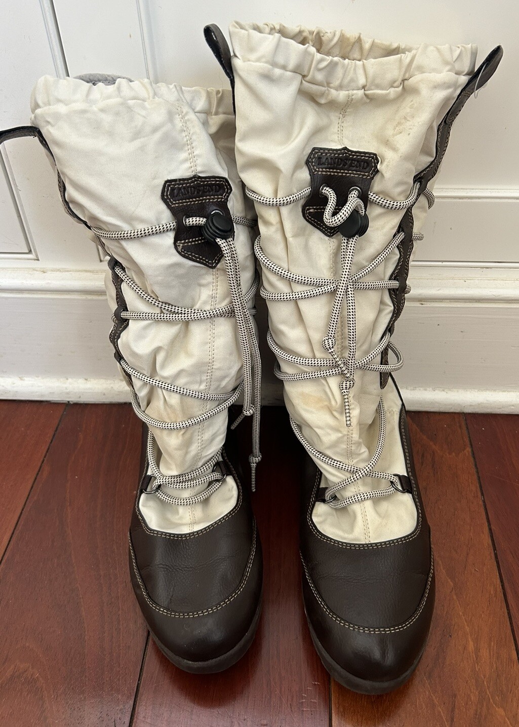 LANDS END WOMEN'S SZ 8 CREAM  BROWN LINED TALL WINTER SNOW BOOTS 393496