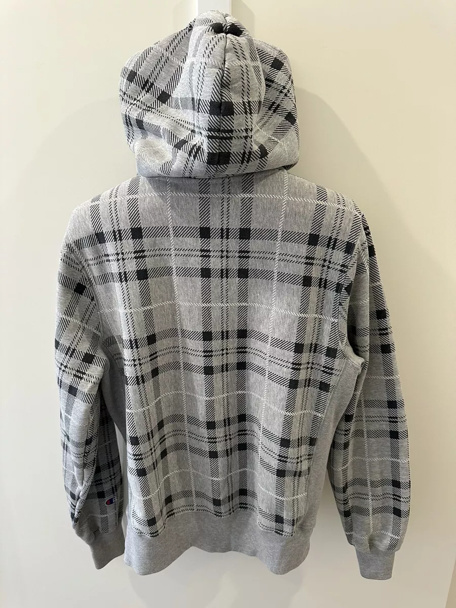 Men s Champion Reverse Weave Plaid Hoodie Pullover Gray Black