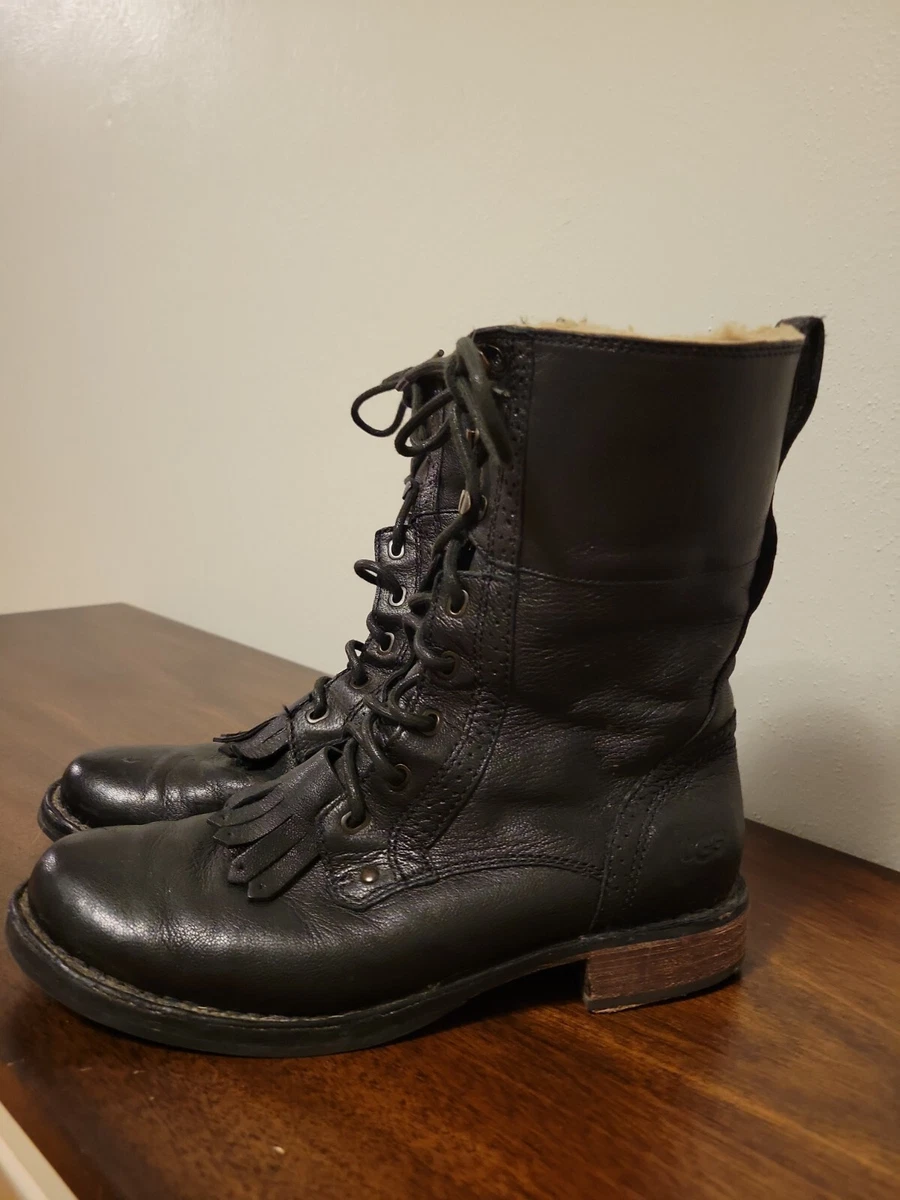 Ugg Women s Leather Black Jenna Military Boots Round Toe 8 eBay
