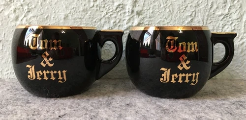 Vintage Hall China Black & Gold Tom & Jerry Mugs Cups U.S.A. Pottery Xmas Punch