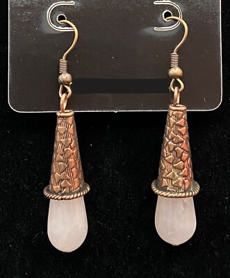 Handmade Antique Copper Tone Rose Quartz Teardrop Earrings by Neanie-Bot