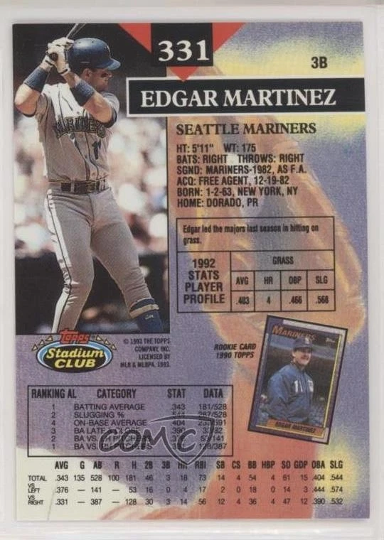 1993 Topps Stadium Club 1st Day Issue Edgar Martinez #331 HOF - Image 2 of 2