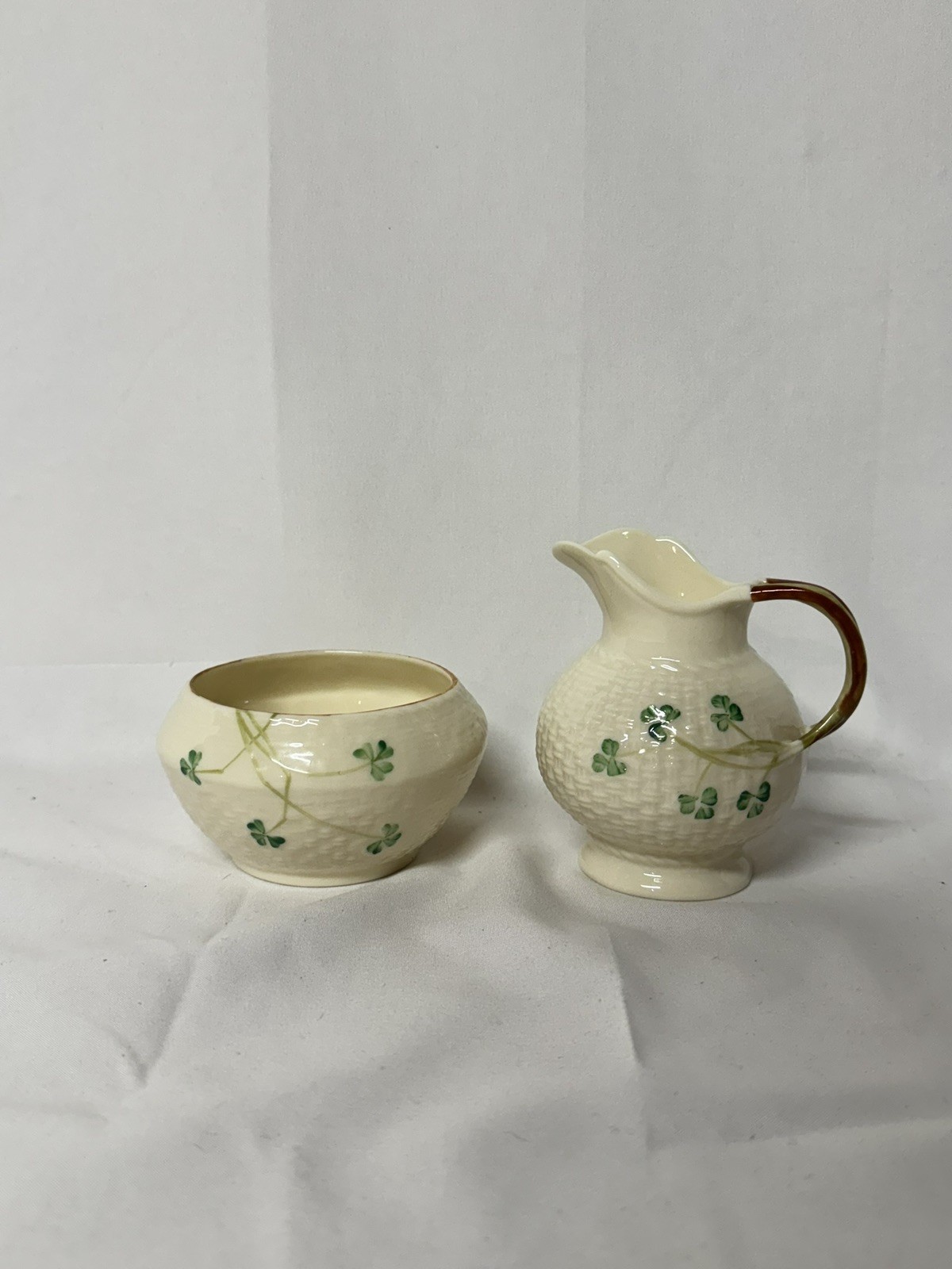 Vintage Belleek Shamrock Basket Weave Design Sugar and Open Creamer Set