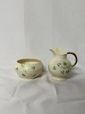 Vintage Belleek Shamrock Basket Weave Design Sugar and Open Creamer Set