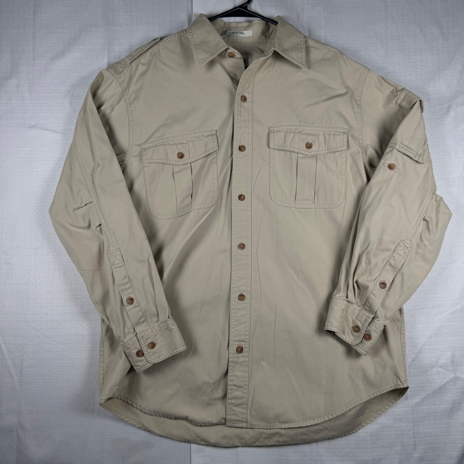 Orvis Mens Khaki Tan Cotton Canvas Safari Hiking Long Sleeve Shirt Large RN70534